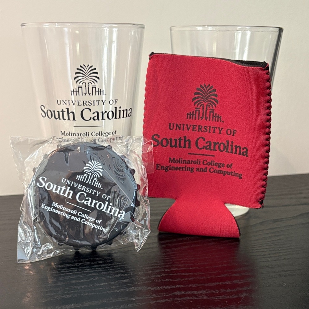 University of South Carolina Glassware, Red Can Cooler Set and Bottle Opener